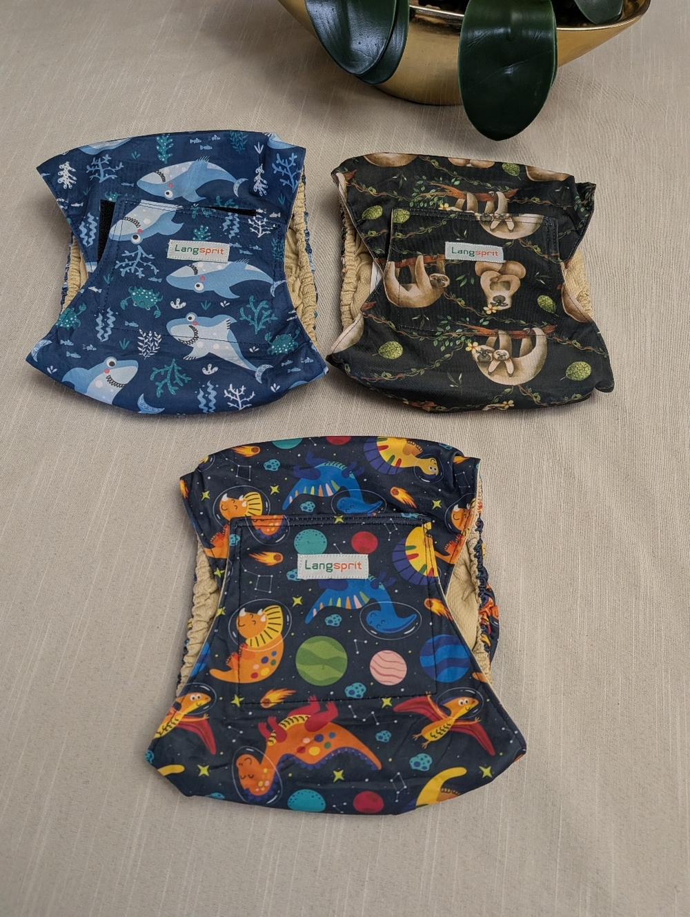 Set of 3 Langsprit Washable Belly Bands Dog Dinosaur Sloth Shark Male Dog Size M